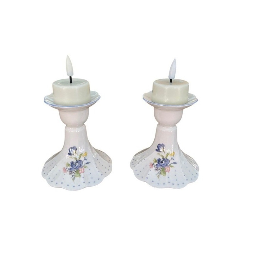 Vintage Nikko Japan Blue Peony Ceramic Candlestick Holders Pair 1980s